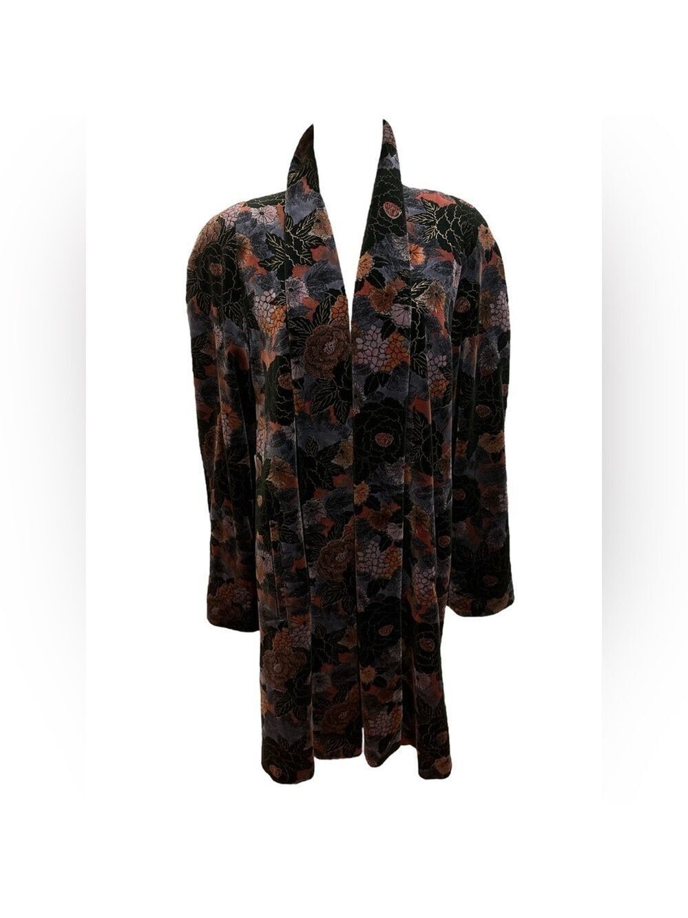 80s FLORAL OVERSIZED SWING COAT WATER REPELLENT COTTON VELVET DARK ROMANCE M - Picture 4 of 11